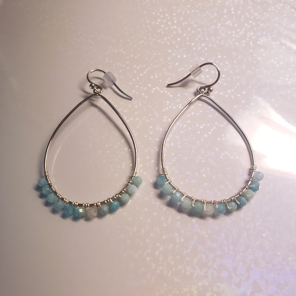 Blue Amazonite Teardrop Hoop Earrings Silver